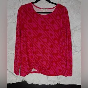 Como Blu | Women’s Long Sleeve Dark Red Heart Pattern Top with Stretch, Size L